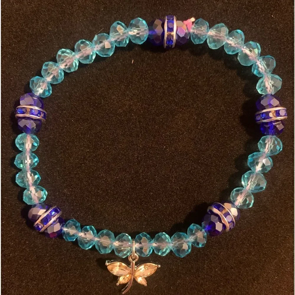 Handmade blue beaded stretch bracelet butterfly charm